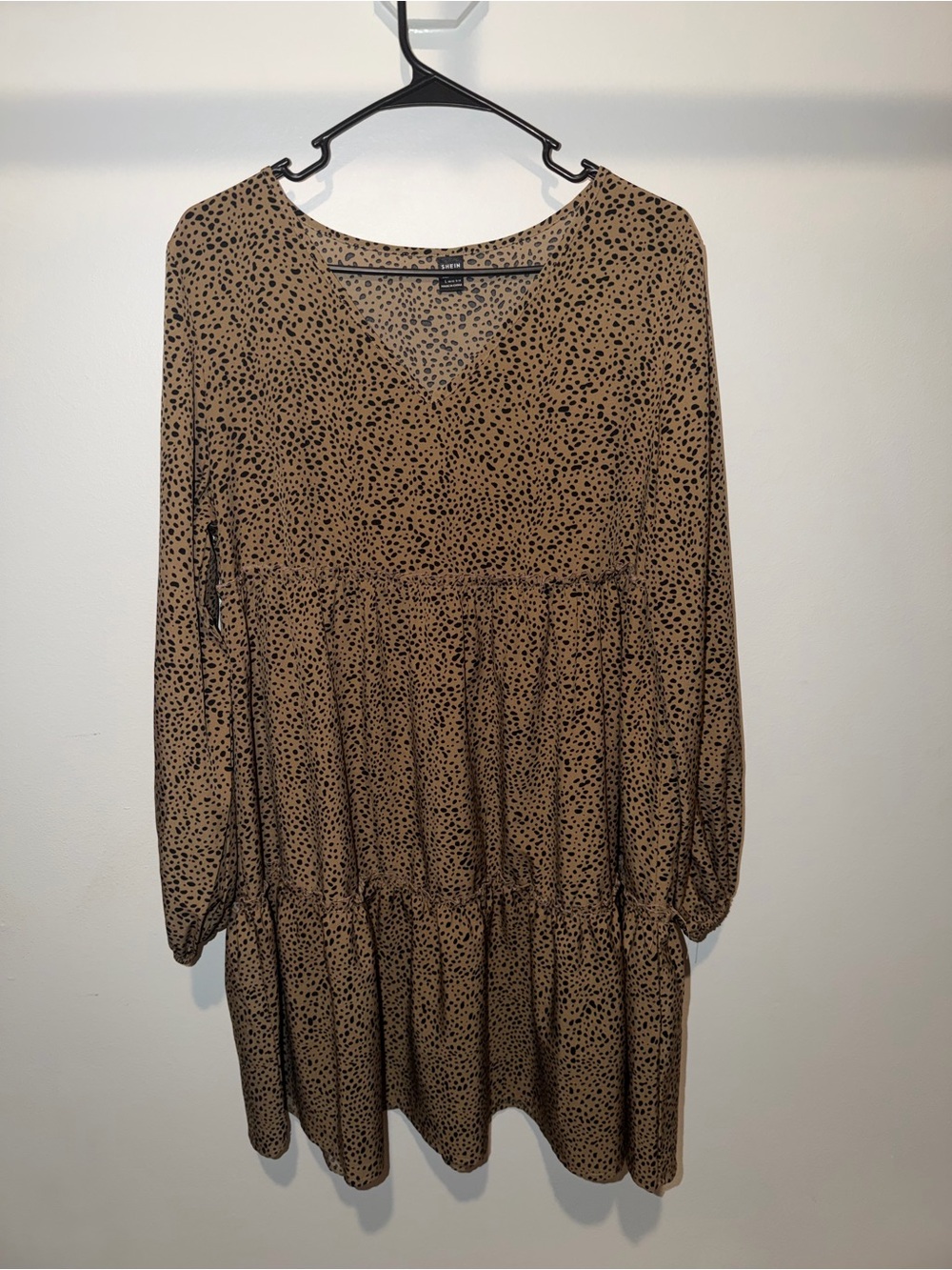 SHEIN Brown Long-Sleeve V-Neck Tiered Dress with Black Dot Print